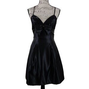Gunne Sax | Vintage 80's Black Satin Sequin Party Dress Spaghetti Strap | Size 9